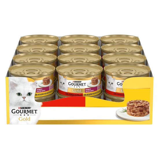 Gourmet Gold Duo – hrană umedă completă pentru pisici adulte, cu vită și pui, conservă 85 g